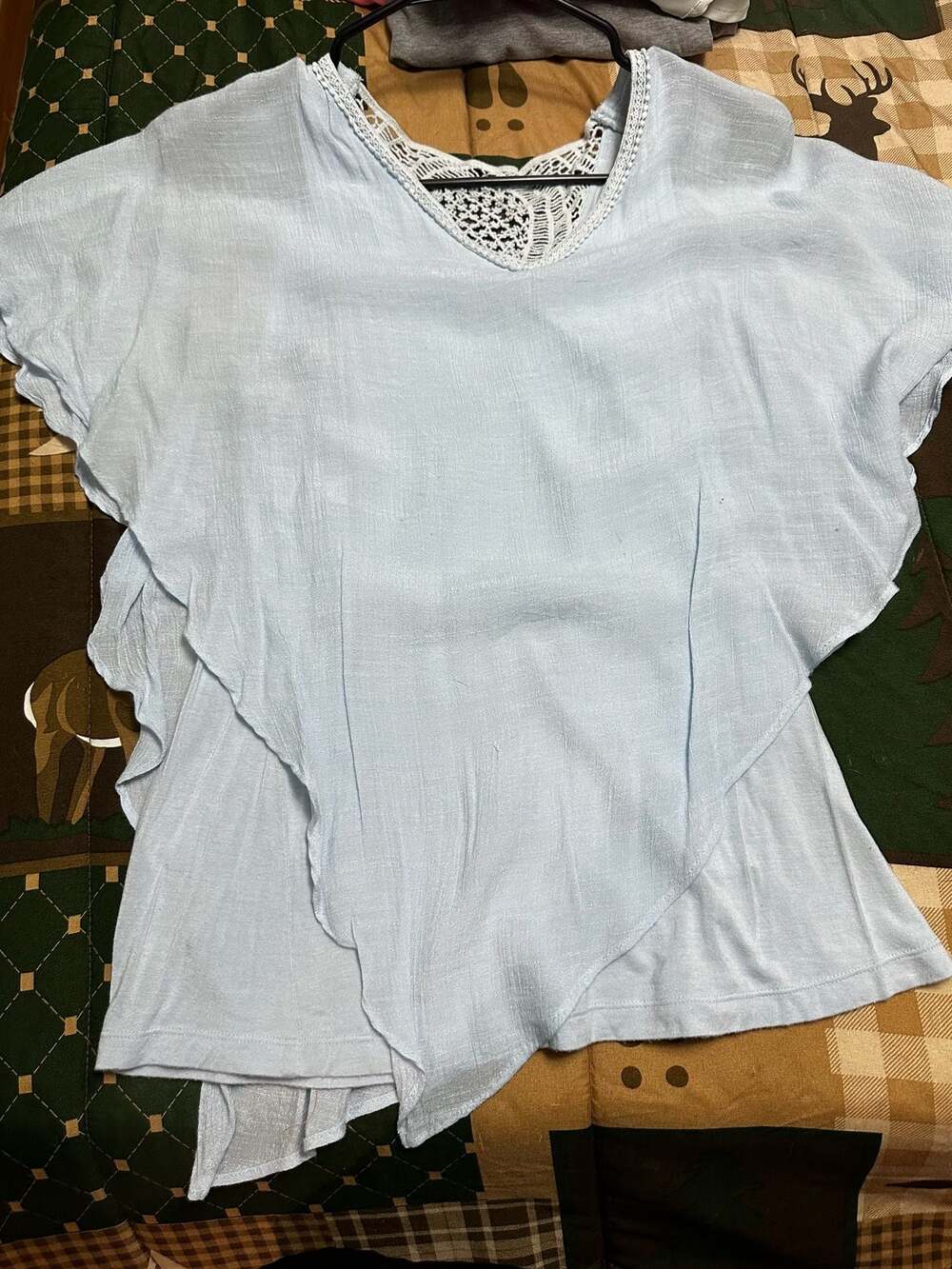 Light Blue V-Neck Crochet Back Ruffle Sleeve Tunic Top size medium